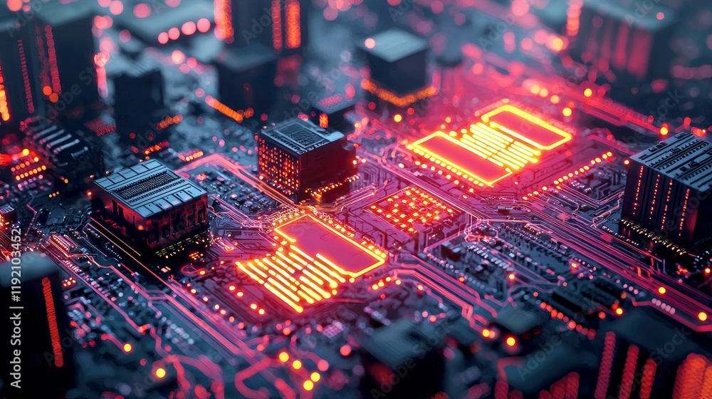 Poster abstract technology background: close-up of a circuit board with glowing components