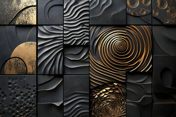 Dynamic 3D spiral patterns and fractured shapes in metallic shades, set on a neutral dark background