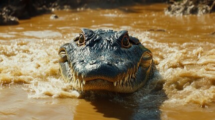 Fototapeta premium Close-up of an alligator head emerging from a muddy brown river with its eyes focused