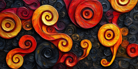 Dynamic 3D spirals in a mix of vibrant reds and yellows, swirling over a dark, textured background