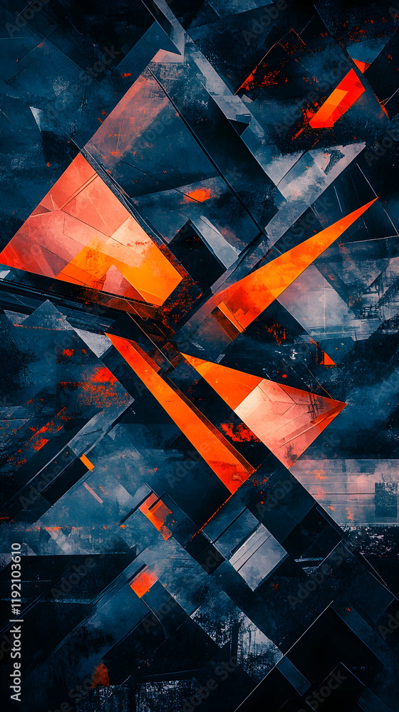 Poster dynamic angular shapes in shades of neon blue and orange, creating a sharp contrast on a dark, muted