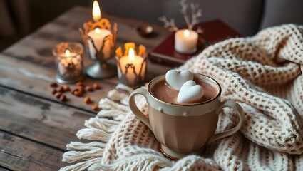 Cozy Valentine's Day Hot Chocolate with Heart Marshmallows and Candlelit Ambiance