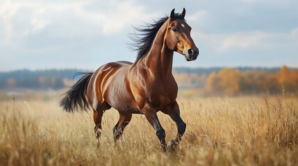 Brown horse galloping autumn field