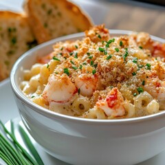 A rich and creamy lobster mac and cheese with a golden breadcrumb topping, served in a ceramic dish, Mac and cheese centered
