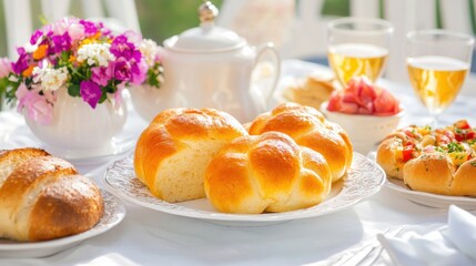 Traditional Jewish food - Freshly baked buns and pastries on a table with tea and flowers in a bright setting
