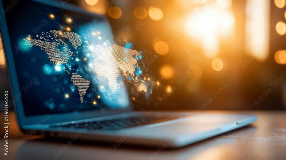 Aufkleber digital world map overlay on laptop screen with bokeh background and soft golden sunset light