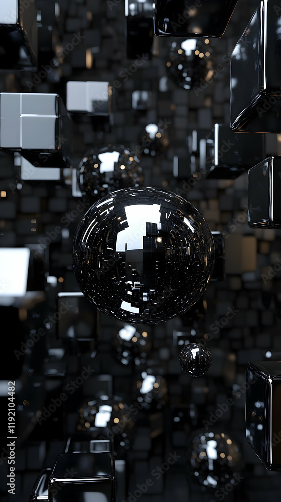 Poster futuristic 3d floating spheres and cubes with reflective surfaces on a dark textured background