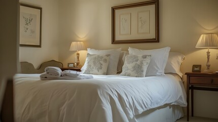 Cozy Bedroom Retreat with Framed Wall Art and Plush Bedding Invites Relaxation
