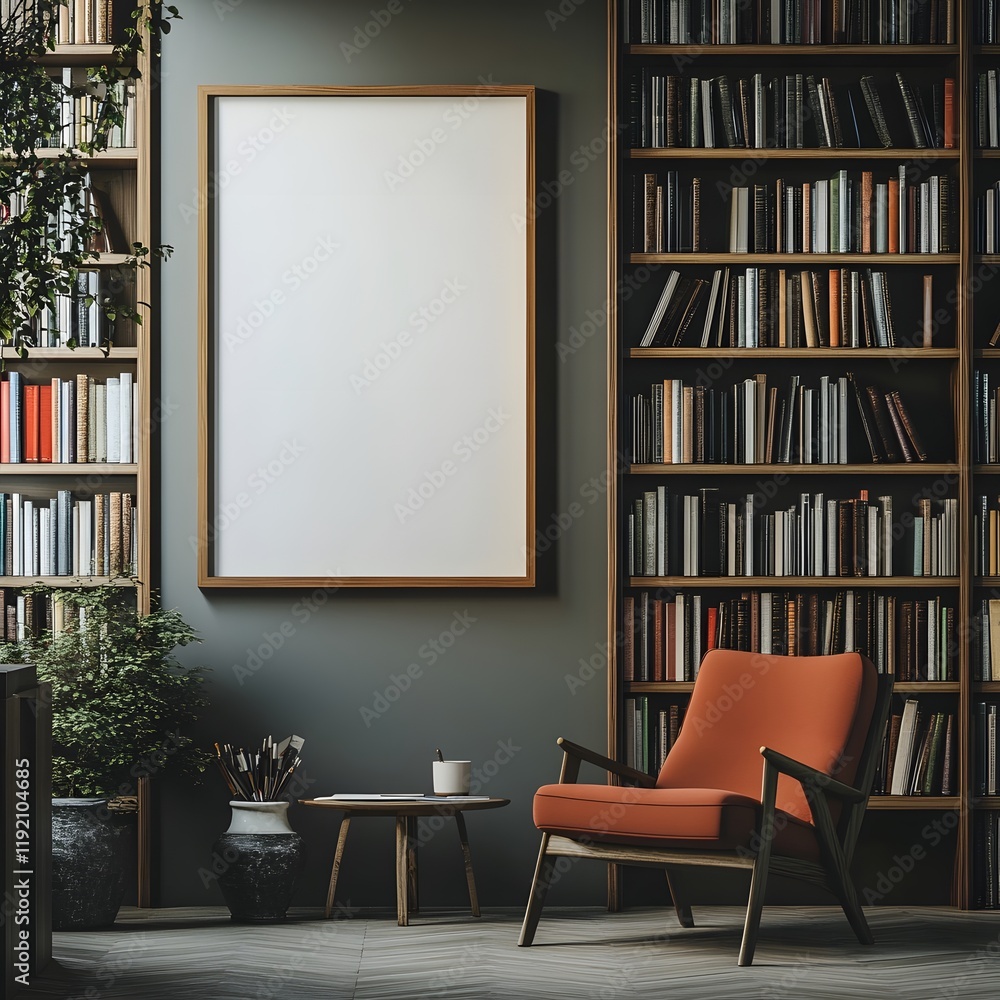 Poster cozy library nook with empty frame on bookshelf wall