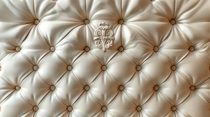A close-up of a tufted fabric wall with decorative elements.
