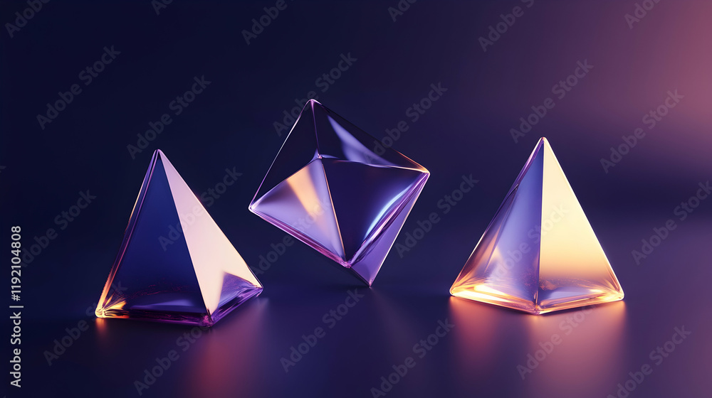 Poster futuristic 3d geometric shapes with sharp angles and glowing edges, floating against a dark gradient