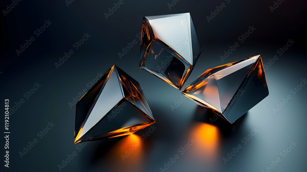 Poster futuristic 3d geometric shapes with sharp angles and glowing edges, floating against a dark gradient
