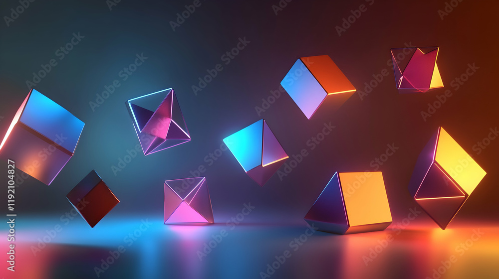 Poster futuristic 3d geometric shapes with sharp angles and glowing edges, floating against a dark gradient