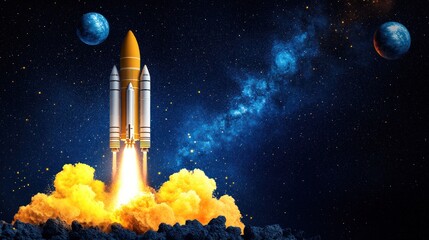 Children Gazing at Colorful Rocket Launch in Space Adventure with Planets and Stars