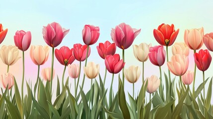 A vibrant field of pink, red, and cream tulips swaying under a soft blue sky — cheerful, dreamy spring scene perfect for celebrations, greetings, or nature-inspired designs.