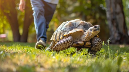 A veterinarian walks a healthy, happy tortoise on in a park, providing it with a stimulating and enjoyable outdoor experience.
