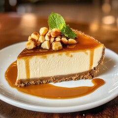 A rich and creamy macadamia nut cheesecake with a buttery graham cracker crust and a glossy caramel topping, served on a white dessert plate, Cheesecake centered