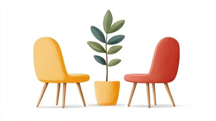 Minimalist Design of Colorful Chairs with Indoor Plant in Modern Living Room Setting