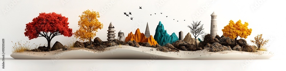Poster this whimsical and stylized depicts a harmonious landscape where various architectural structures fr
