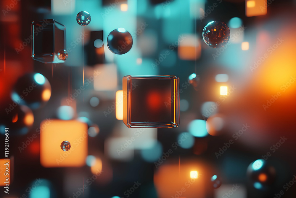 Aufkleber intricate 3d abstract cubes and spheres with light reflections, floating on a dark background