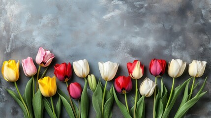 A colorful row of tulips — yellow, pink, red, and white — lines up against a textured gray background — fresh, elegant floral arrangement perfect for spring greetings or design accents.