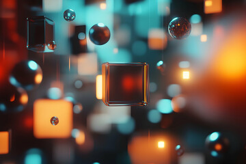 Intricate 3D abstract cubes and spheres with light reflections, floating on a dark background