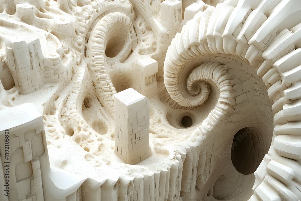 Poster intricate 3d spirals and cubes with textured surfaces, creating depth on a neutral backdrop
