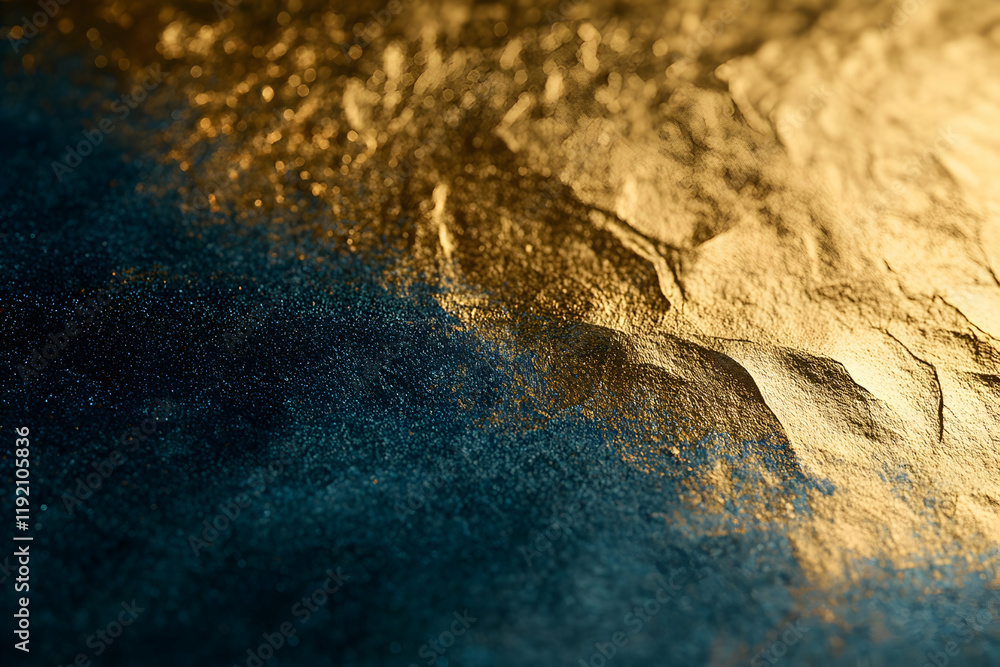 Canvas Prints luxurious gold foil texture overlaying a dark blue backdrop with glowing bokeh particles for a holid