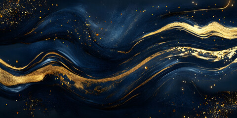 Luxurious gold foil texture overlaying a deep navy blue backdrop, with glittering holiday light particles and digital accents