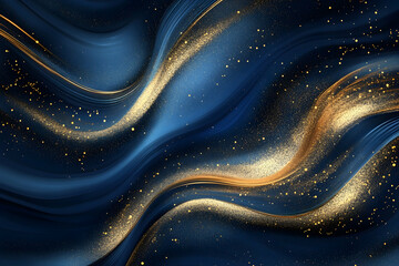 Luxury abstract background of golden particles swirling dynamically over a navy blue gradient