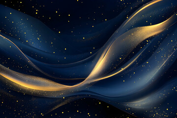 Luxury abstract background of golden particles swirling dynamically over a navy blue gradient