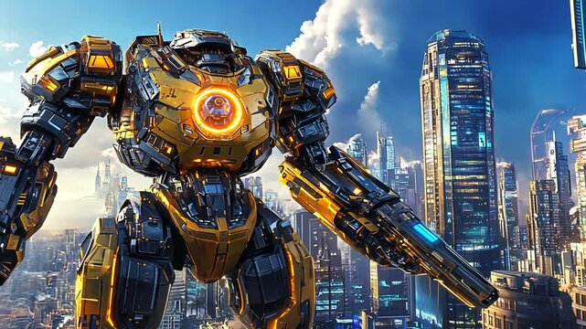 Giant gold mecha robot stands in futuristic city.