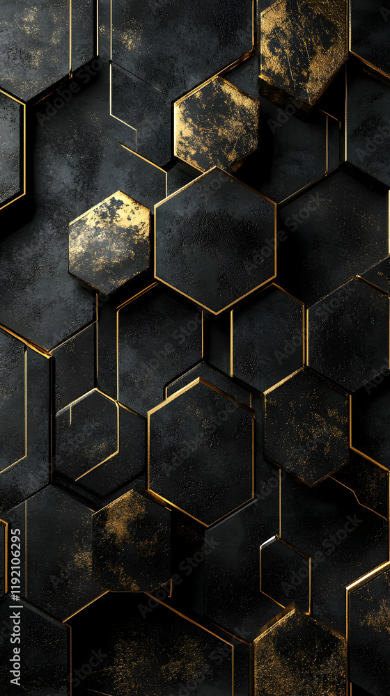 Aufkleber sharp, angular patterns in black and gold, arranged in a striking geometric design against a dark ba