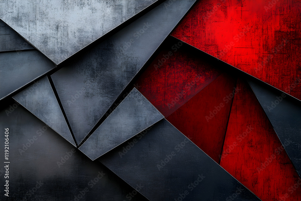 Poster sharp geometric shapes in metallic silver and deep red, layered on top of a gradient transitioning f