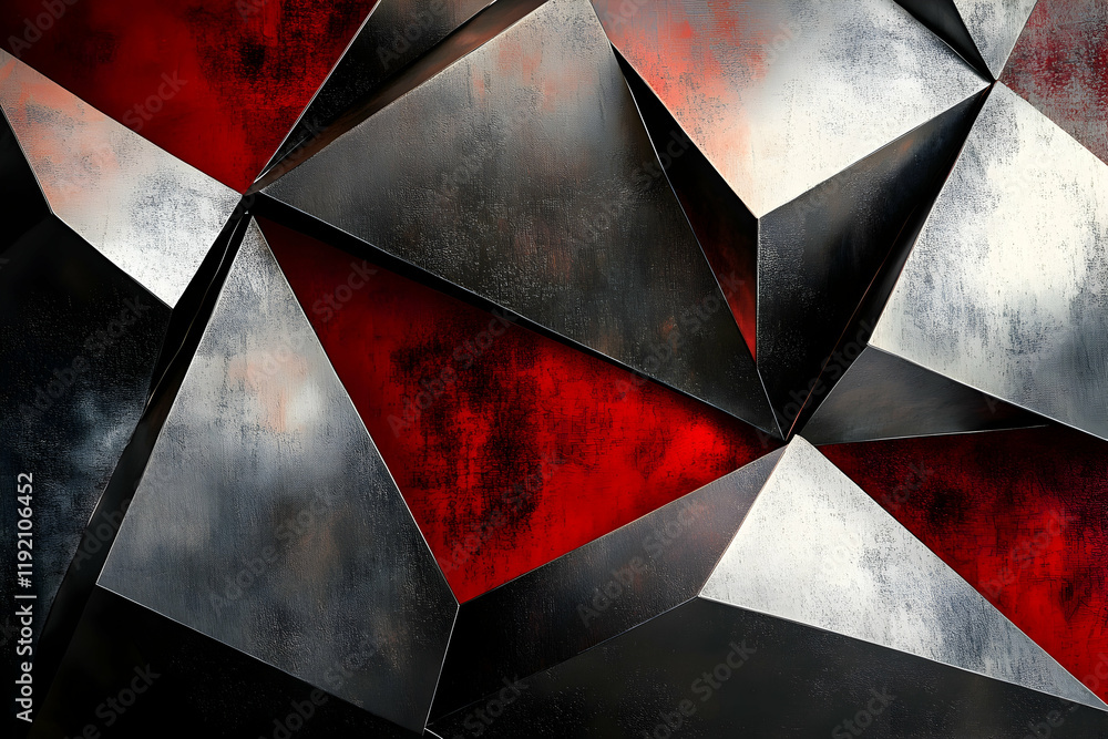 Poster sharp geometric shapes in metallic silver and deep red, layered on top of a gradient transitioning f