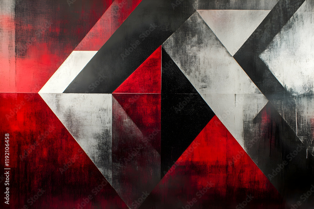 Aufkleber sharp geometric shapes in metallic silver and deep red, layered on top of a gradient transitioning f