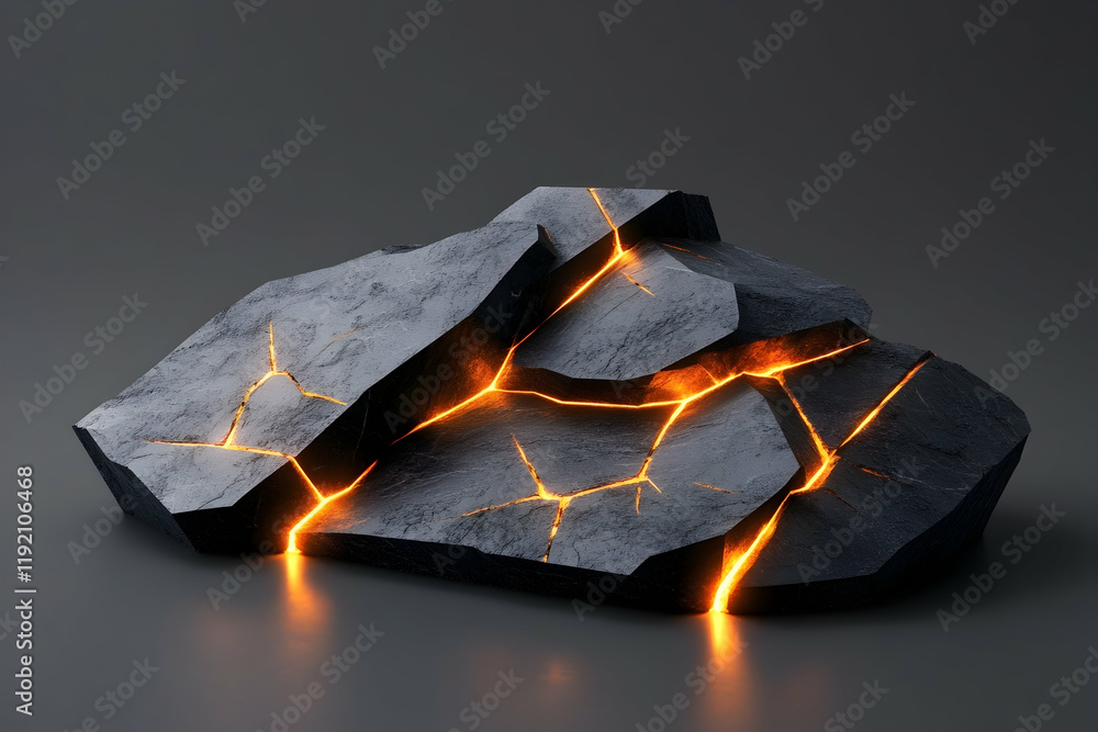 Poster sharp-edged 3d polygons stacked in a futuristic arrangement, with glowing cracks and reflections on 