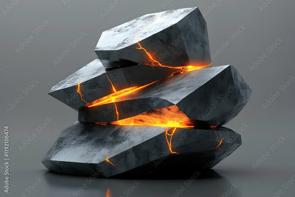 Poster sharp-edged 3d polygons stacked in a futuristic arrangement, with glowing cracks and reflections on 