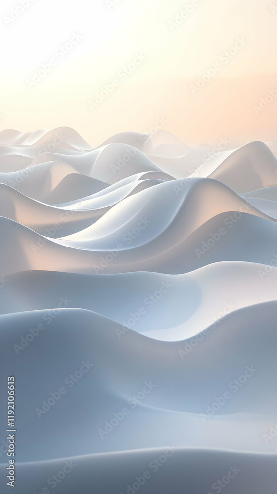 Poster smooth 3d waves undulating across a soft pastel gradient, creating a calming abstract scene