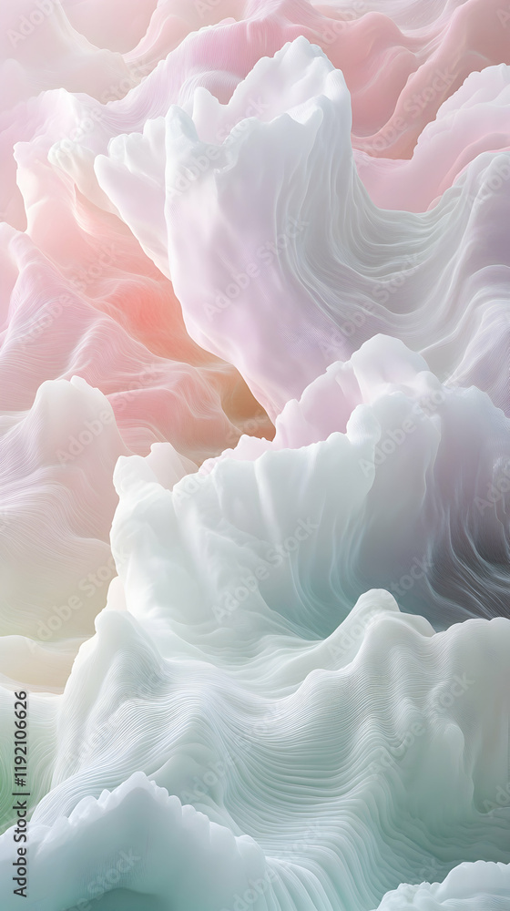 Poster smooth 3d waves undulating across a soft pastel gradient, creating a calming abstract scene