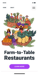 Farm-to-table theme with diverse farmers holding baskets of fresh vegetables and fruits vibrant colors modern website template