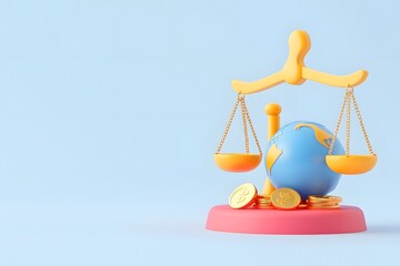 3D of Balance Scales Equalizing Gold Coins and Earth Globe Symbolizing Economic Stability and