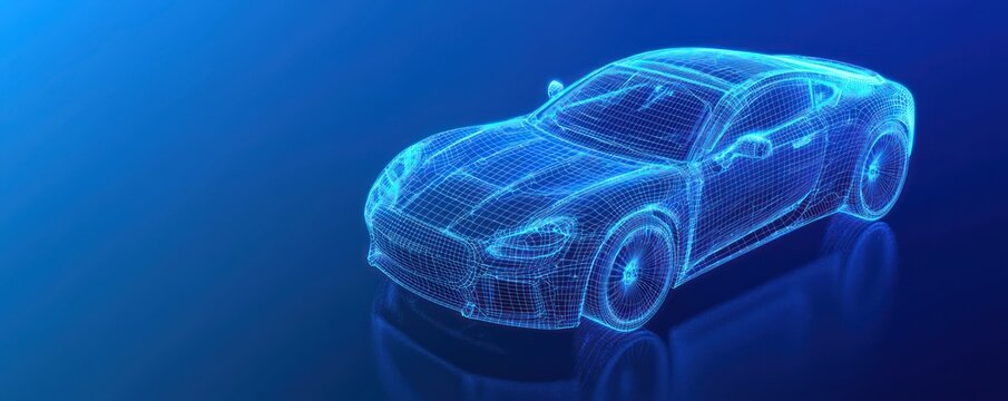 Blue backdrop highlights a digital hologram of a futuristic wireframe car.