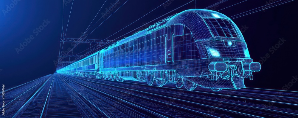 Poster blue wireframe design emphasizing the sleek, streamlined form of a train on rails.