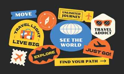 Travel sticker, patch, stamp, badge element collection. Set of vintage and cool travelling symbol.