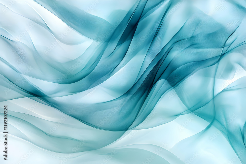 Poster swirling fluid patterns in deep teal and aquamarine, evoking a sense of calm movement across a soft 