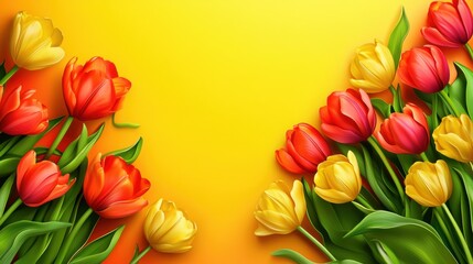 Vibrant red and yellow tulips bloom against a bright yellow background — cheerful, spring-inspired floral frame perfect for celebrations, greetings, or festive design projects.