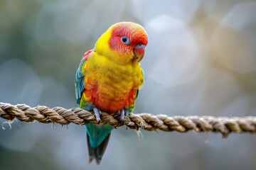 Obraz premium A colorful parrot with vibrant plumage perched on a rope, showcasing its beauty and agility.