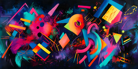 Vibrant mix of neon colors with chaotic brushstrokes and geometric forms against a contrasting dark background