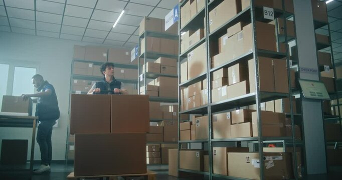 Male inventory manager pushes pallet truck with cardboard boxes in warehouse, scans code on parcel using smartphone. Sorting center employees working in the background. Delivery service. Slow motion.